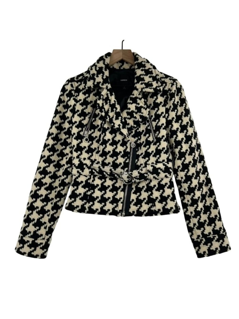 Express Jacket Womens Small Black & White Houndstooth Wool Blend Asymetrical Zip
